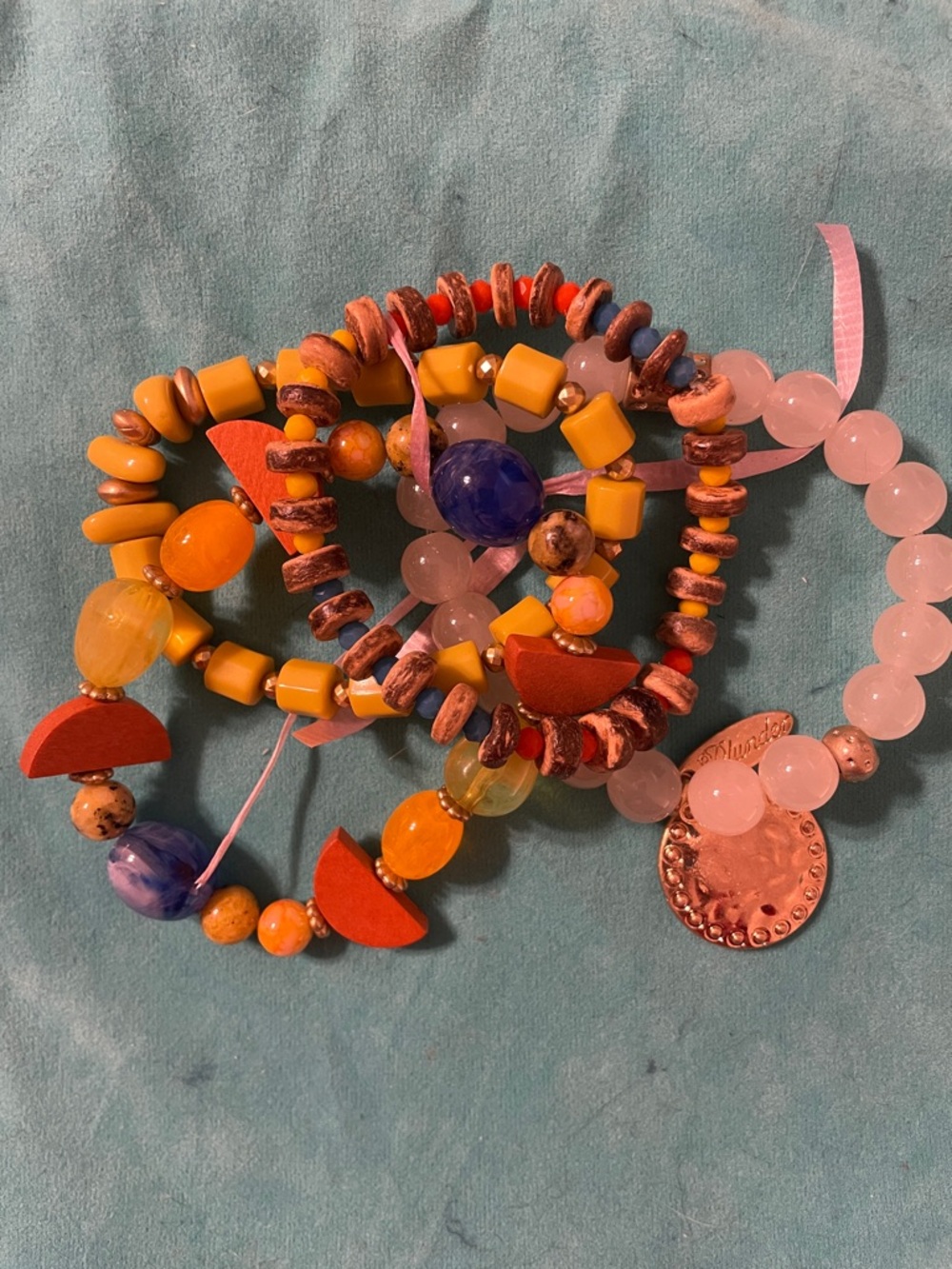 Beaded Multi-Color Stretch Bracelet Set - Yellow, Orange, White, w/ Wood Accents